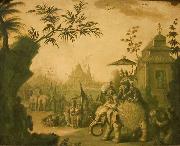 Jean-Baptiste Pillement A Chinoiserie Procession of Figures Riding on Elephants with Temples Beyond oil